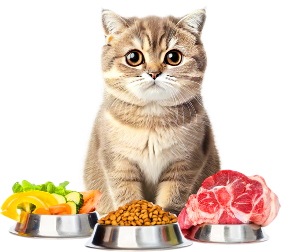Cat with pet food bowls
